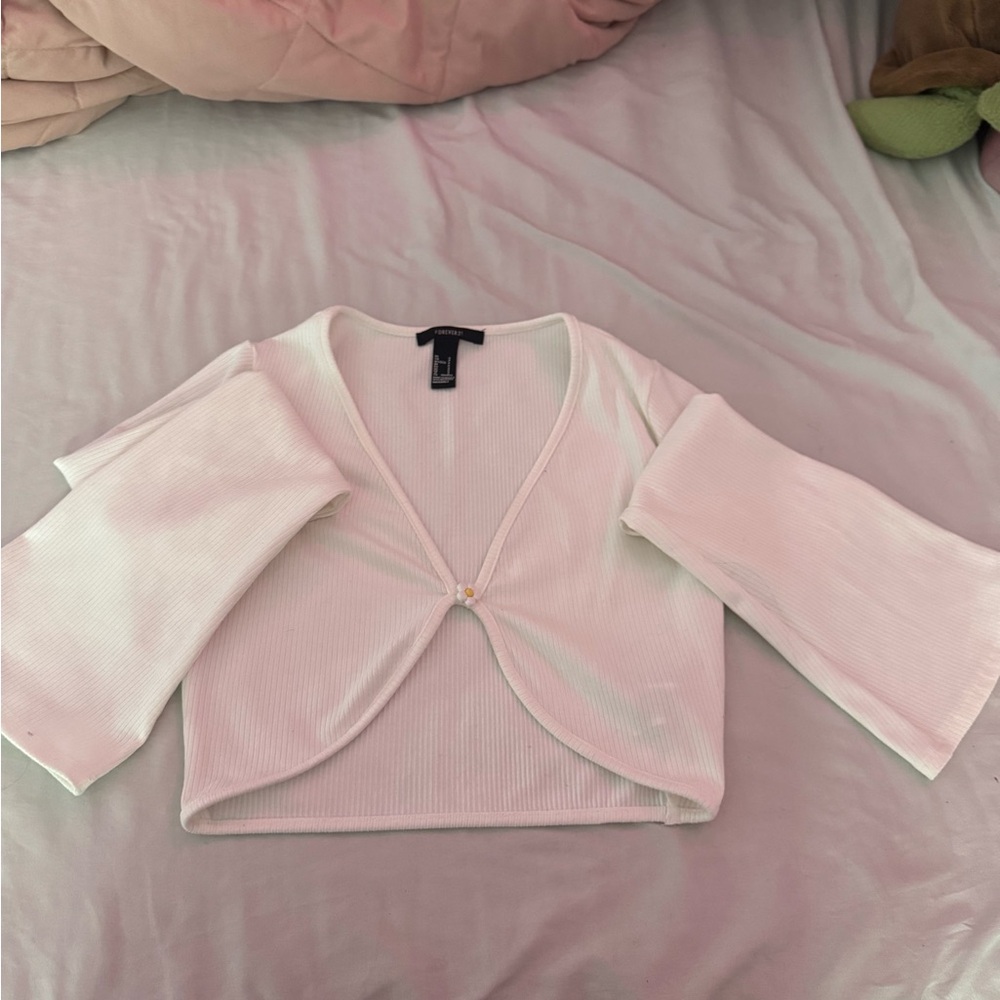 White Ribbed Cardigan with Bell Sleeves